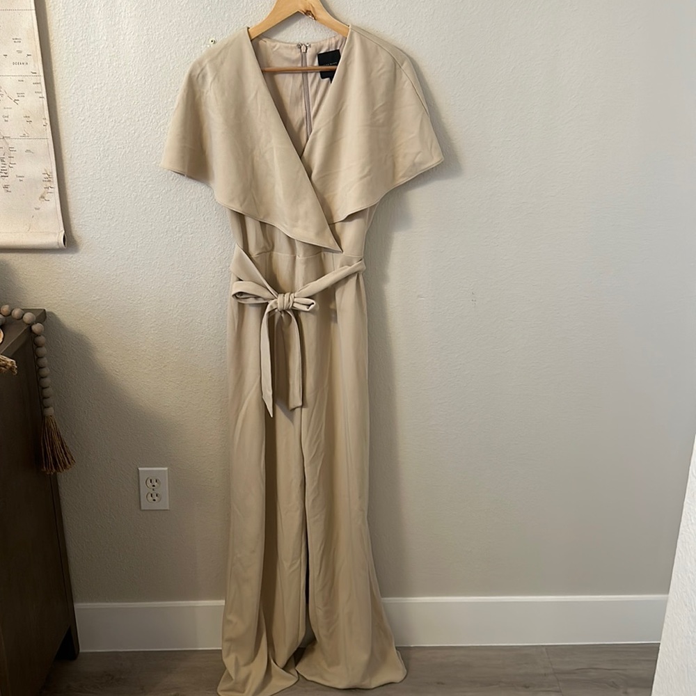 Alex Marie Beige Wide-Leg Jumpsuit with Cape Collar